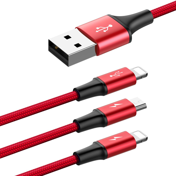 کابل شارژ 3 سر میکرو , لایتنینگ و تایپ سی باسئوس Baseus Rapid Series 3-in-1 Cable Micro Lightning Type-C 3A 1.2M Red
