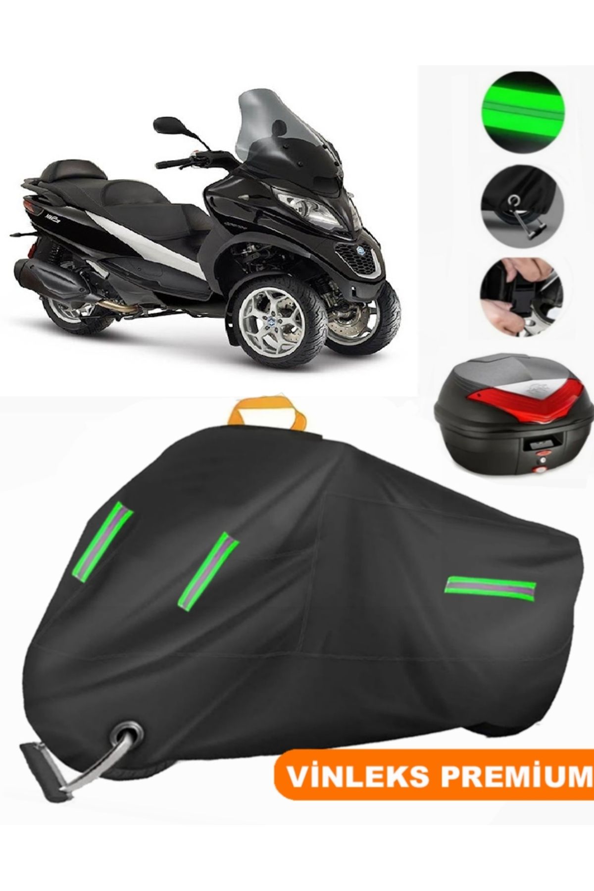 چادر موتورسیکلت مشکی VINLEX PIAGGIO MP3 250 کیسه عقب سازگار با موتور سیکلت کیفیت لوکس قفل MotoEn