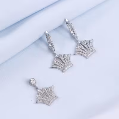 نیم ست نقره زنانه طرح تاج مدل و قالب طلا سفید کد 16345