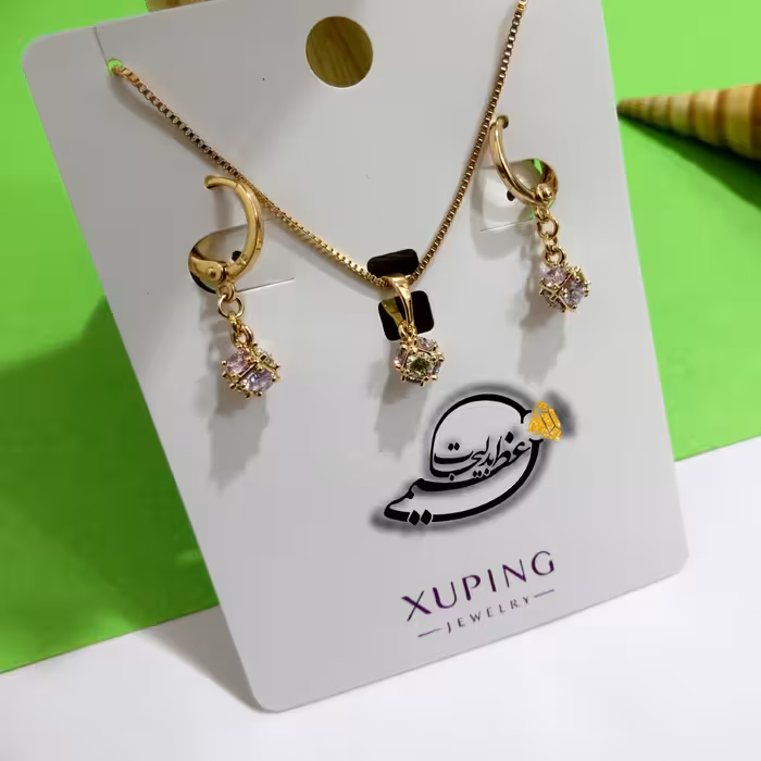 نیم ست برند Xuping از جنس مس و روکش طلا بسیار با کیفیت طرح مکعب نگین رنگی ظریف کاملا مشابه طلا