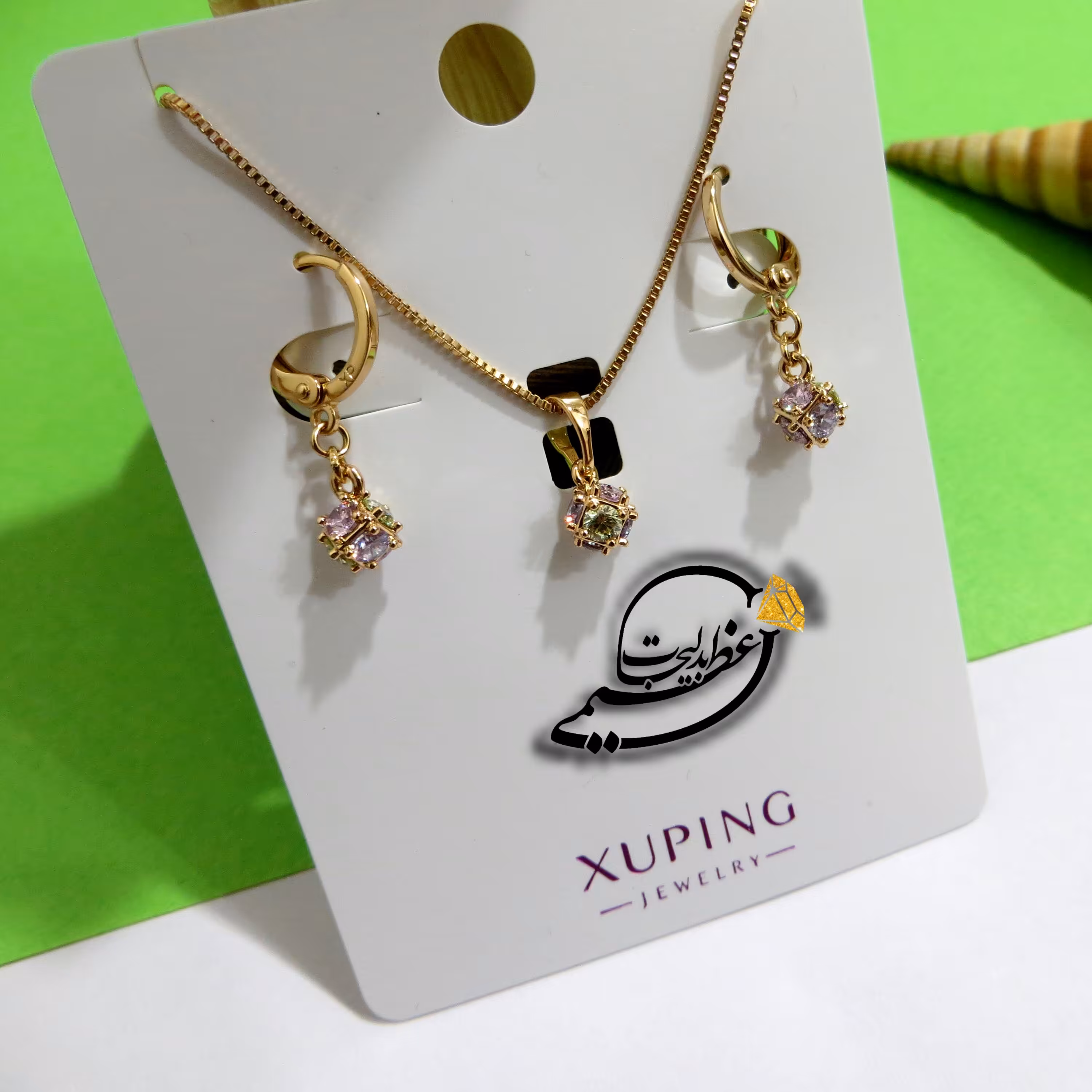 نیم ست برند Xuping از جنس مس و روکش طلا بسیار با کیفیت طرح مکعب نگین رنگی ظریف کاملا مشابه طلا