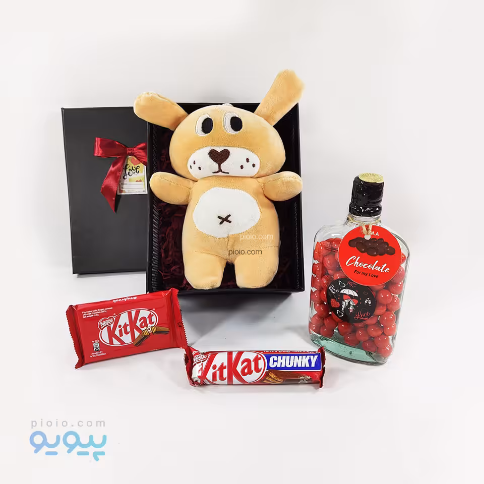 باکس هدیه با عروسک خرس مخمل