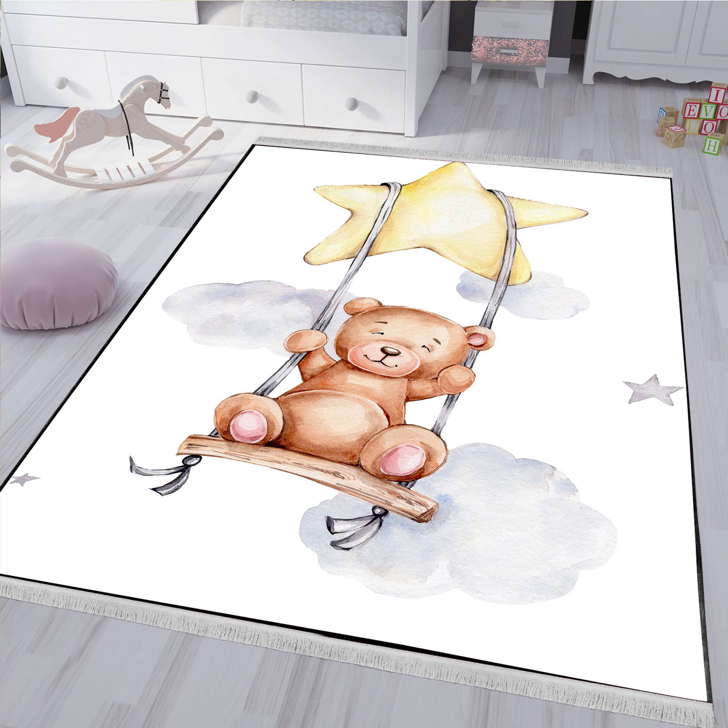 فرشینه طرح عروسک تدی با ابر و ستاره با زمینه روشن BAs-9288