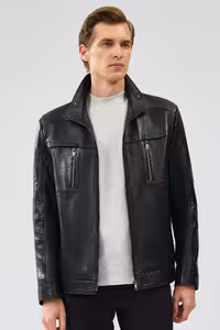 کت مشکی مردانه ژاکت چرمی معمولی سیاه HUGO Derimod