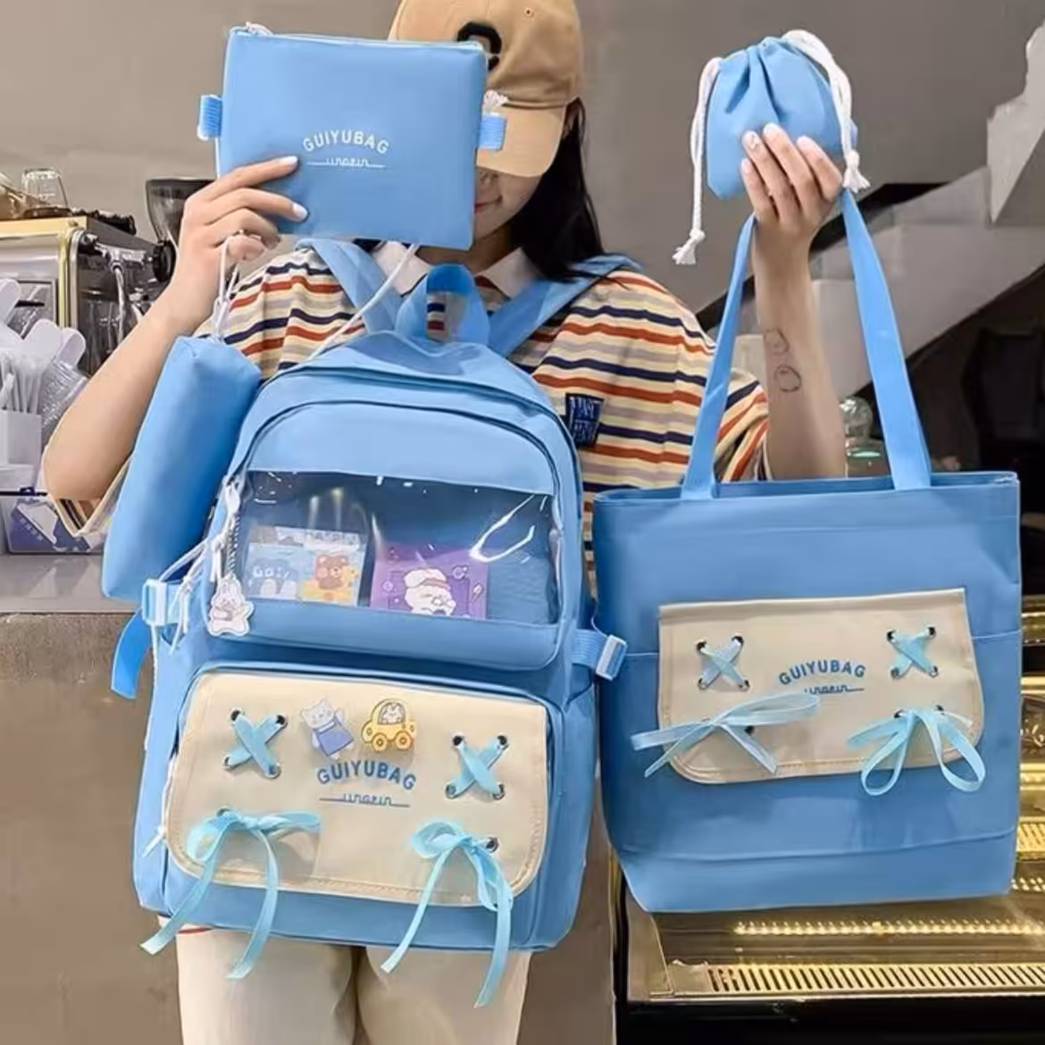 ست کوله پشتی 5 تیکه وارداتی کیفیت تضمینی رنگبندی جذاب و خوشگل جنس برزنت کاملا ضد آب مناسب مدرسه باشگاه مسافرت استخر 