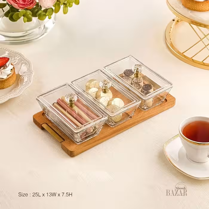 اردوخوری شیشه ای مستطیل 3 خانه پایه چوبی لیمون کد 2248