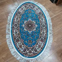 فرش بیضی سایز 75 در120 طرح ربیع آبی، حاشیه سفید،500شانه تراکم هزار نخ ورژن، با قیمت تخفیفی، فرش گرد، پادری