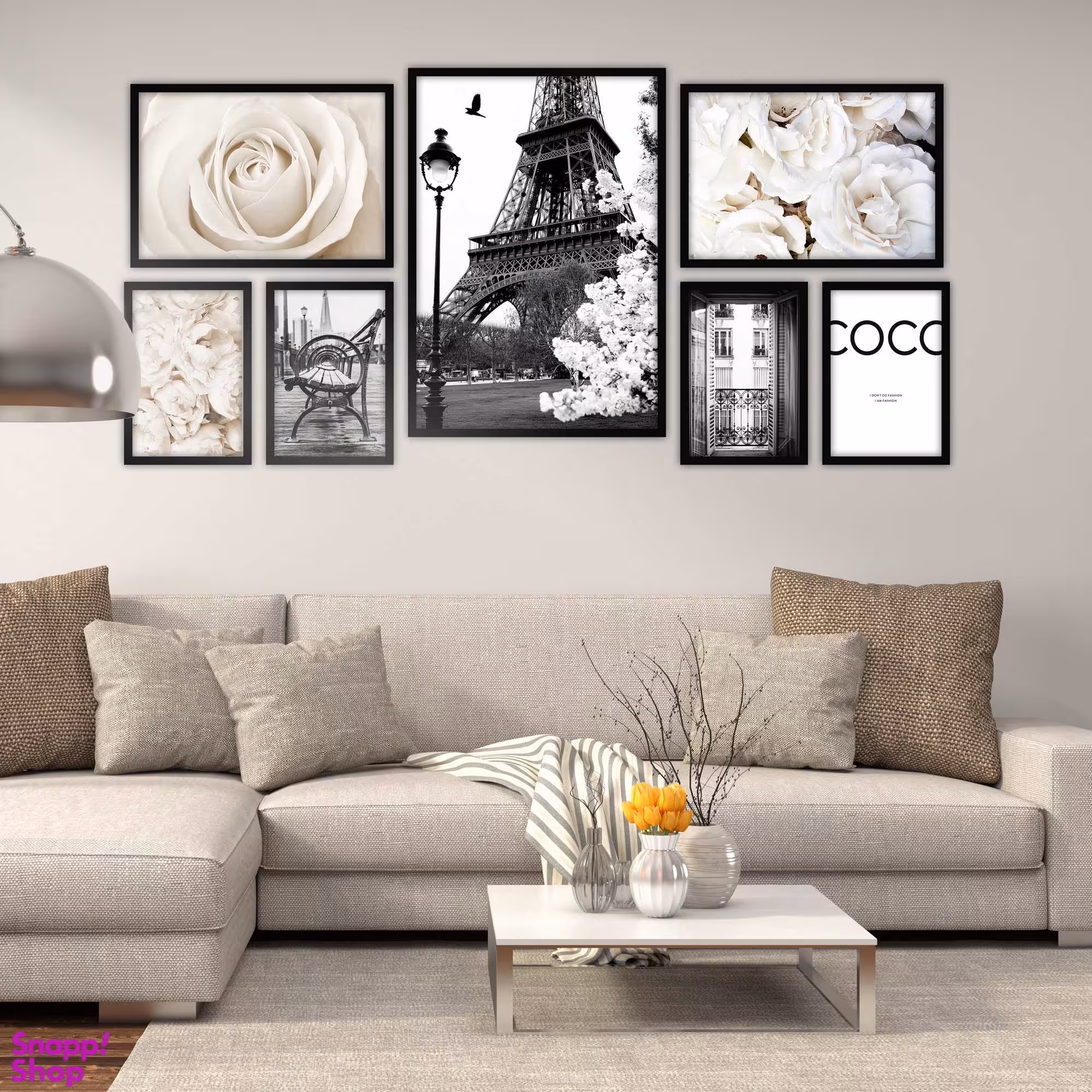 تابلو بکلیت طرح مدرن منظره برج ایفل و گل رز سفید مدل B-1847 مجموعه 7 عددی