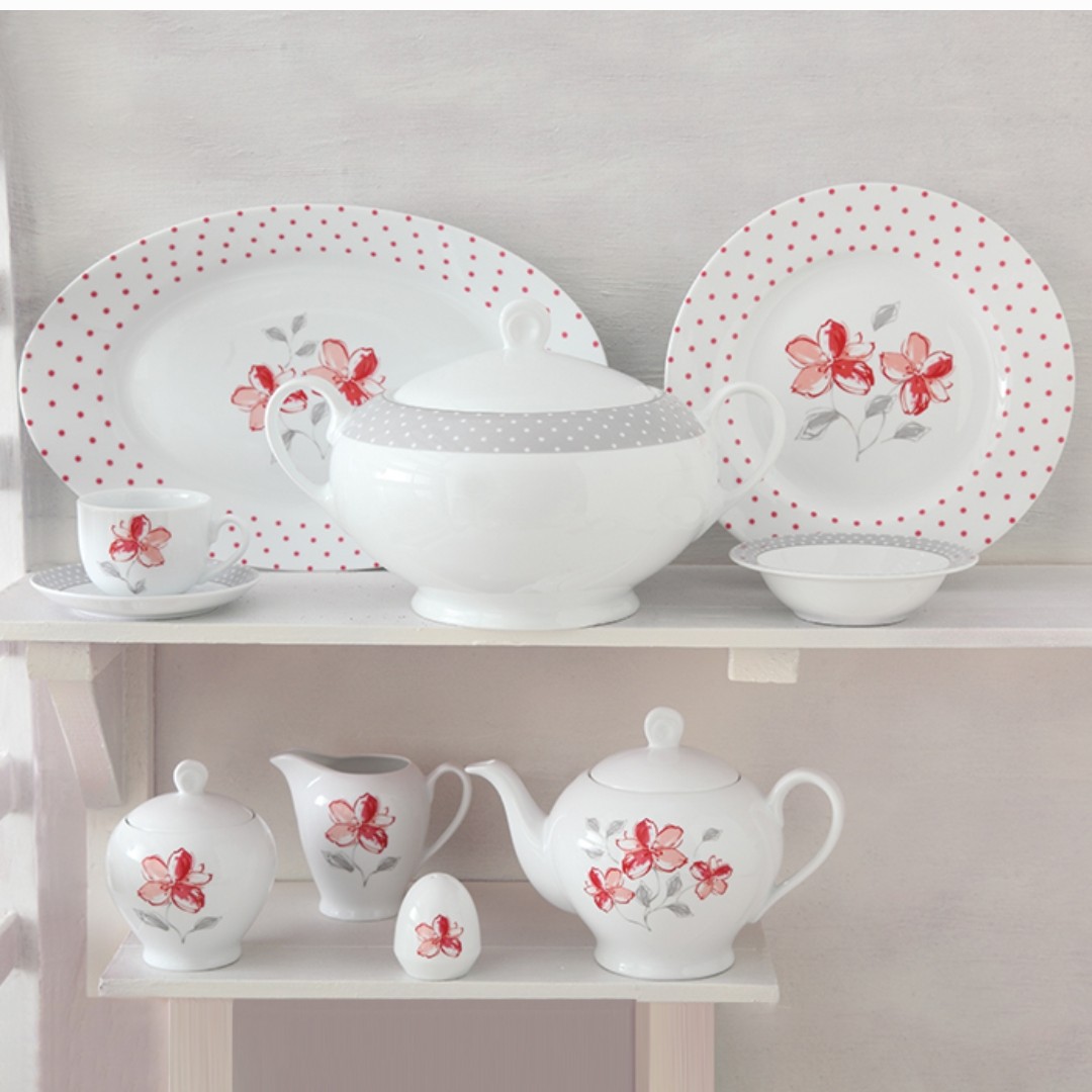 سرویس چینی 102 پارچه غذاخوری چینی زرین ایران قالب ایتالیا طرح والنسیا قرمز درجه یک