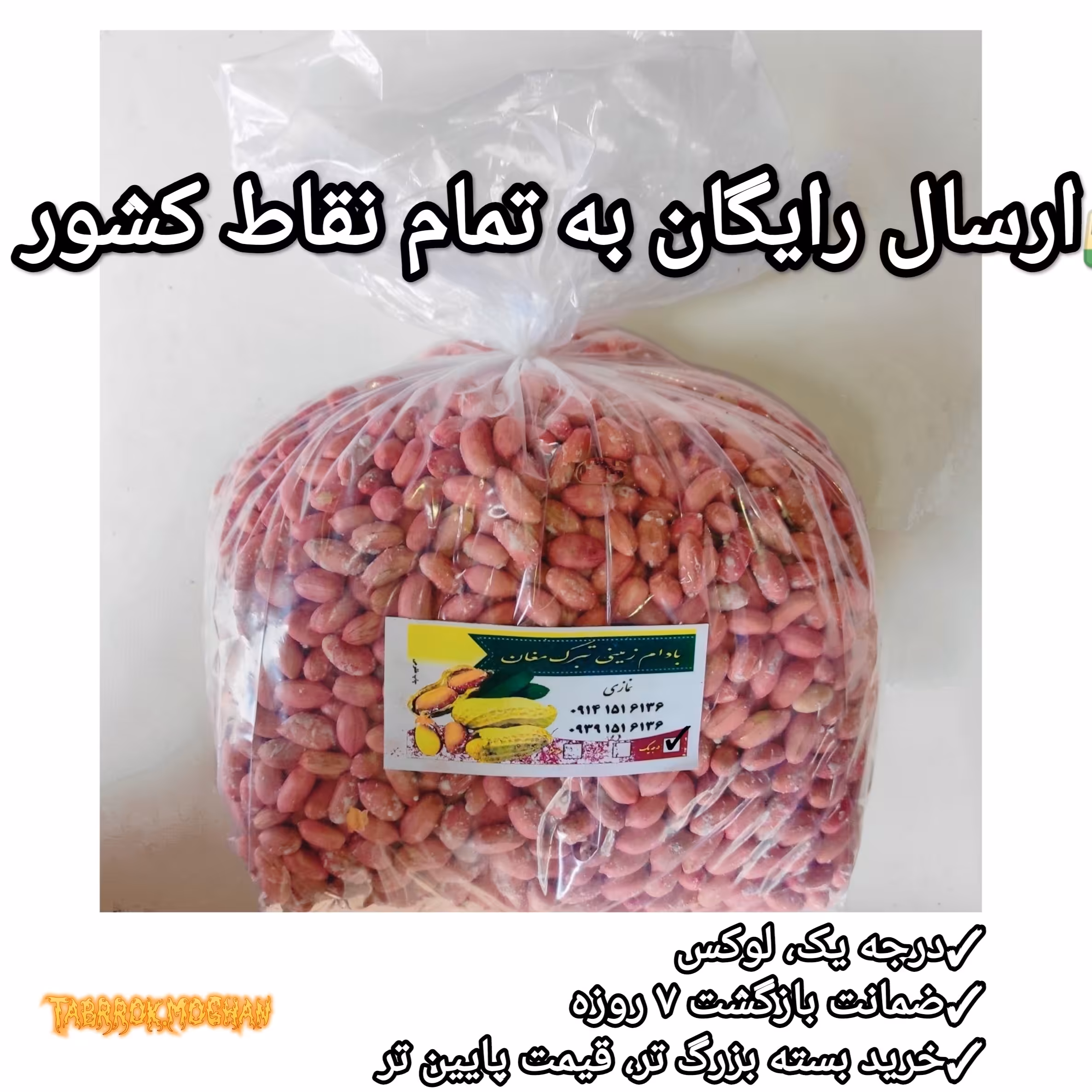 بادام زمینی ایرانی تبرک مغان  درجه یک ( سایز درشت ) کم نمک و امسال 5 کیلویی مغز برشته