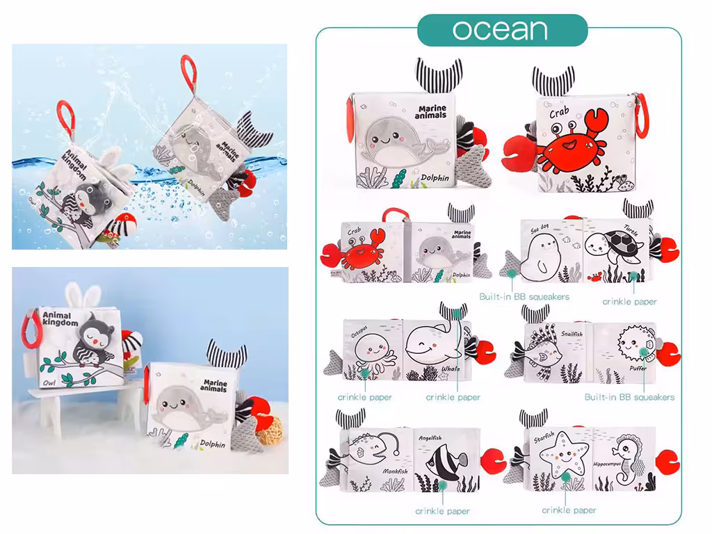 کتاب حمام پارچه ای نوزادی جغجغه ای طرح حیوانات هپی مانکی happy monkey