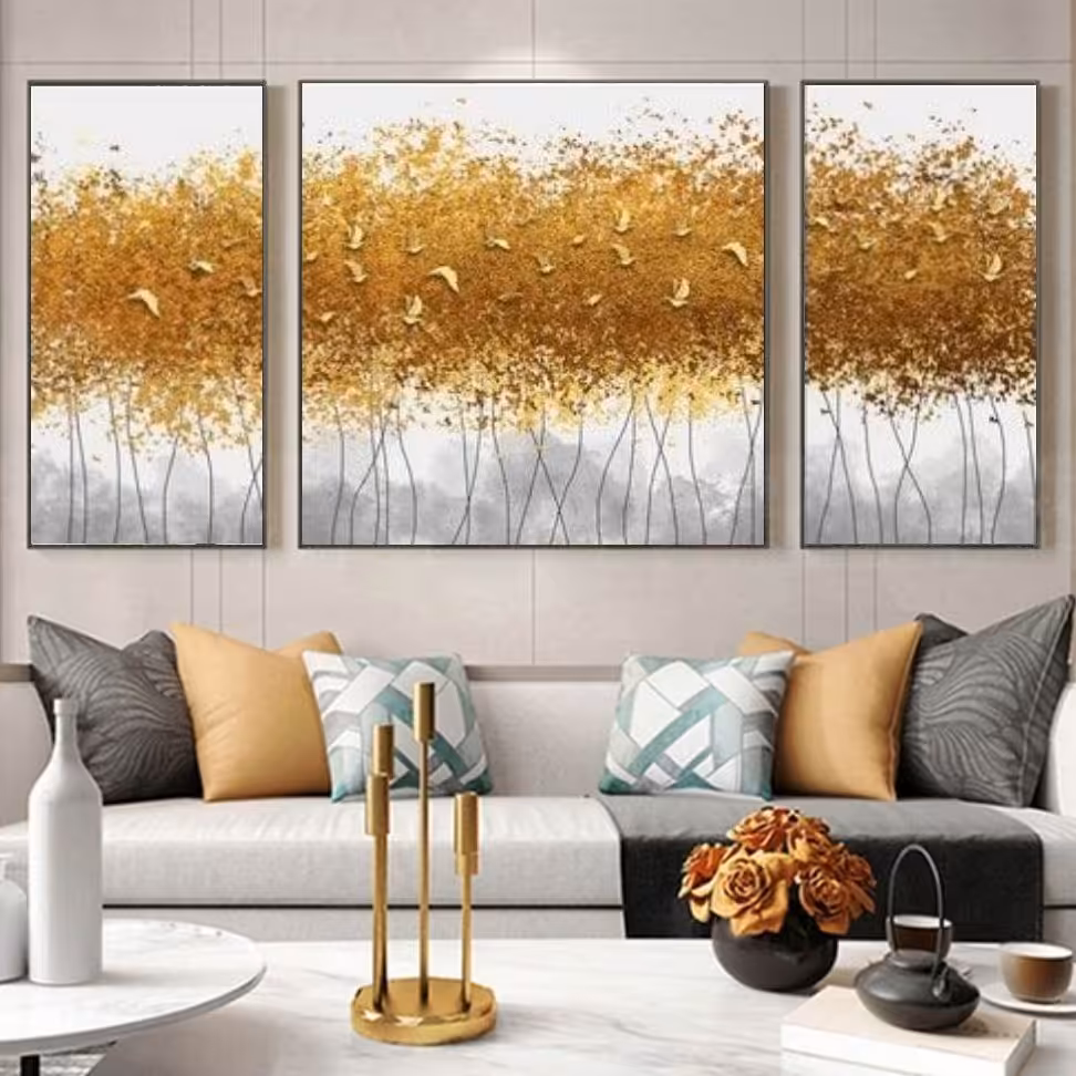 تابلو دکوراتیو فانتزی طرح درختان وپرندگان طلایی سه تکه 