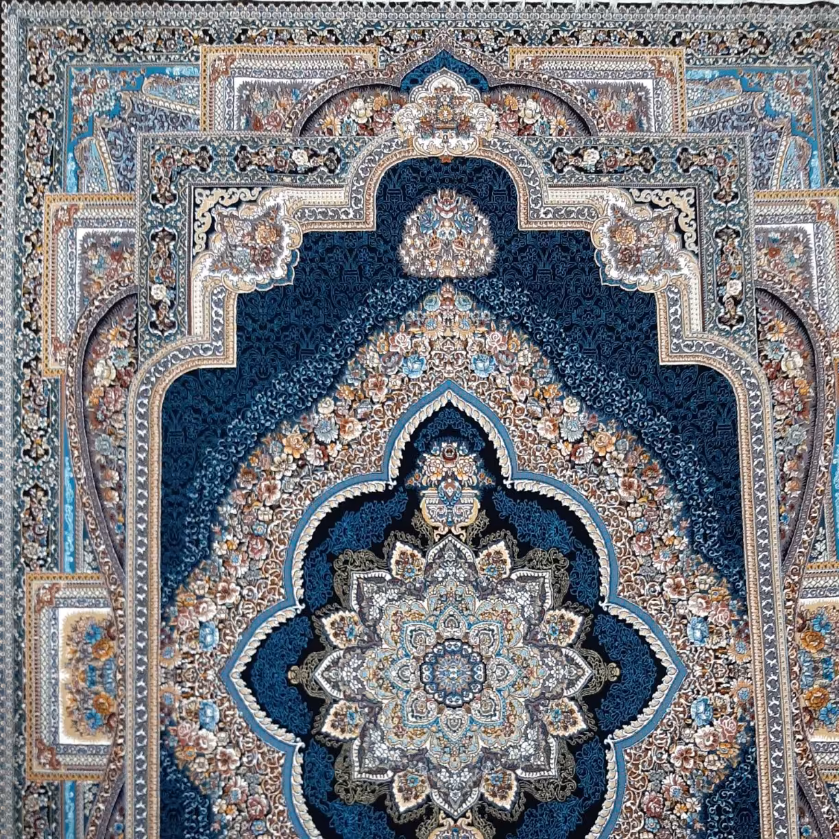 فرش ماشینی 6 متری باغ معلق سرمه ای 700 شانه اصل بافت hcpx2 تراکم 2550 صد در صد نخ اکرولیک ارسال پس کرایه