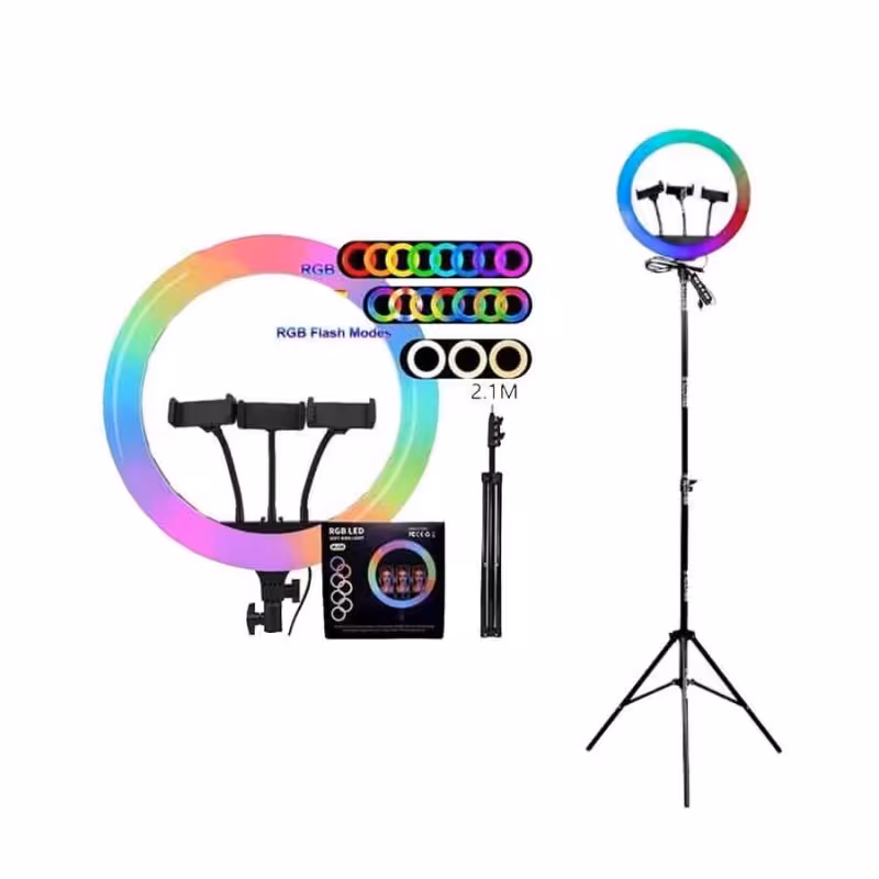 رینگ لایت حرفه ای 14 اینچ با نورهای مهتابی ، آفتابی ،  صدفی و نور RGB و رقص نور با قطر 36 سانت دارای ریموت کنترل و RGB