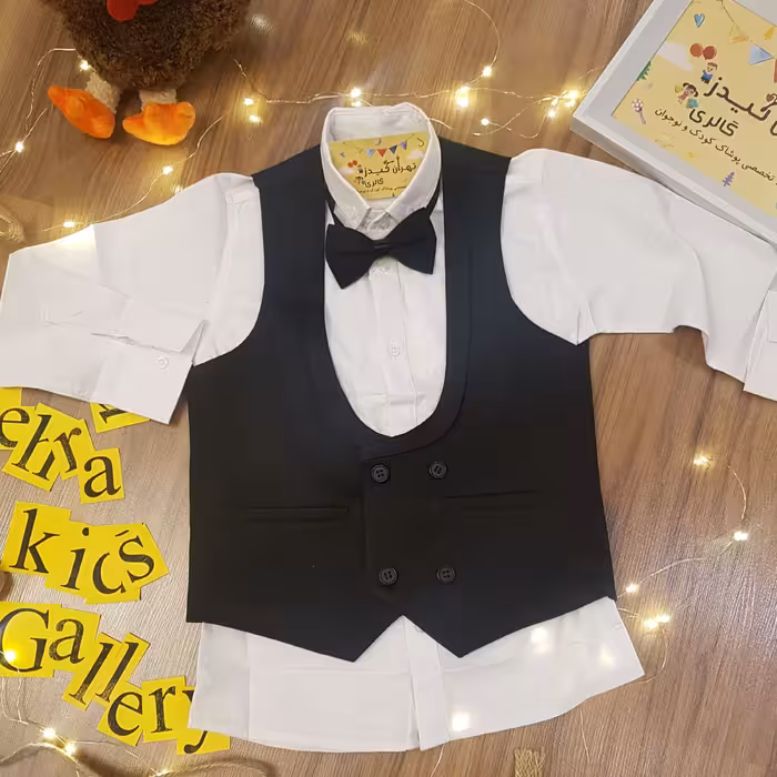 ژیله و پاپیون پسرانه مجلسی طرح جدید رنگ مشکی(بدون پیراهن) سایز 28 تا 38