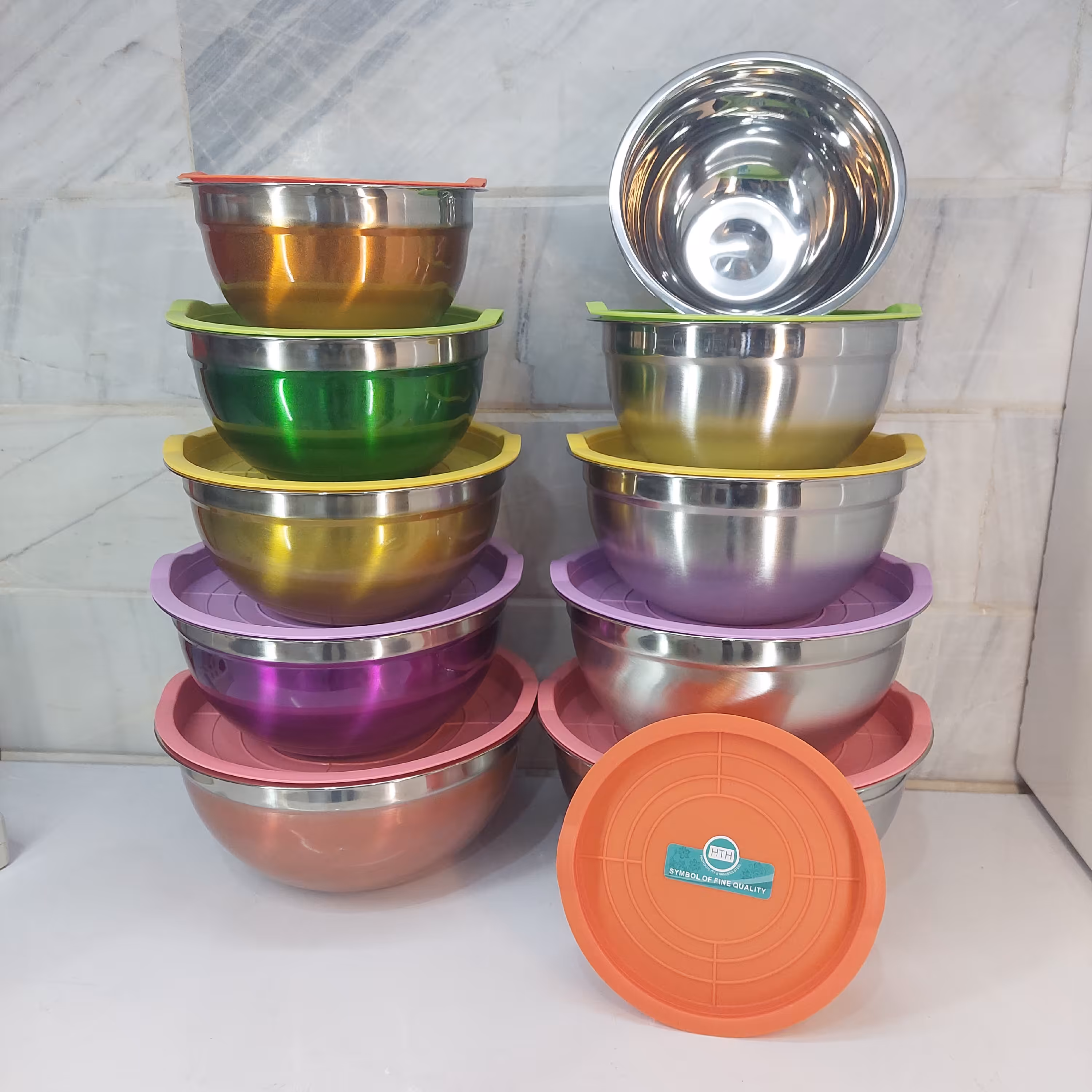 سرویس 10 پارچه لگن استیل سیلور و رنگی  درب دار