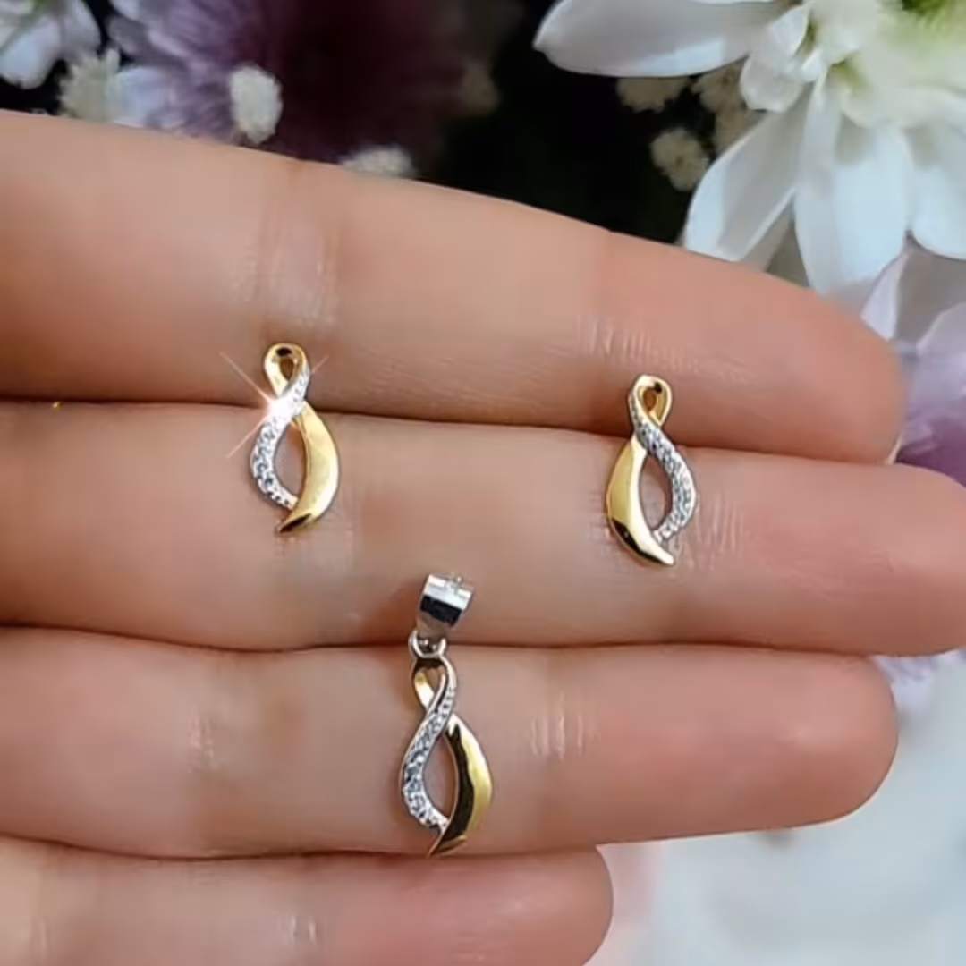 نیم ست نقره ظریف  ساخت هنگ کنگ ابکاری دورنگ زرد و سفید با قفل گوشواره میخی