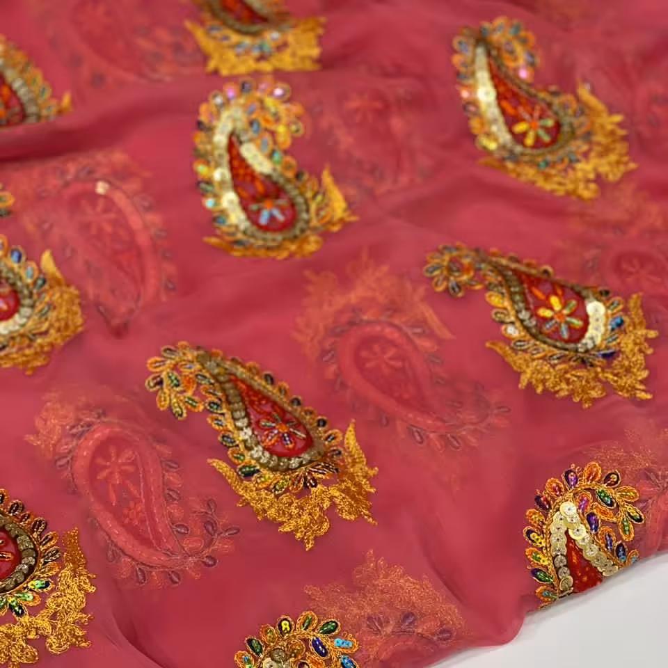 پارچه حریر سوزندوزی هندی تک گل ترمه رنگ بندی کامل