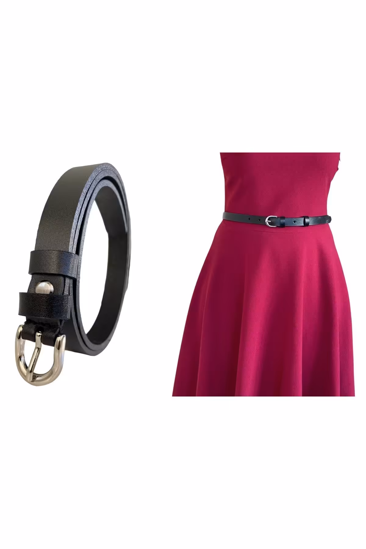 کمربند مشکی زنانه 100% چرم اصل بسیار نازک با سگک نقره ای 1.8 سانتی متر GoDeri