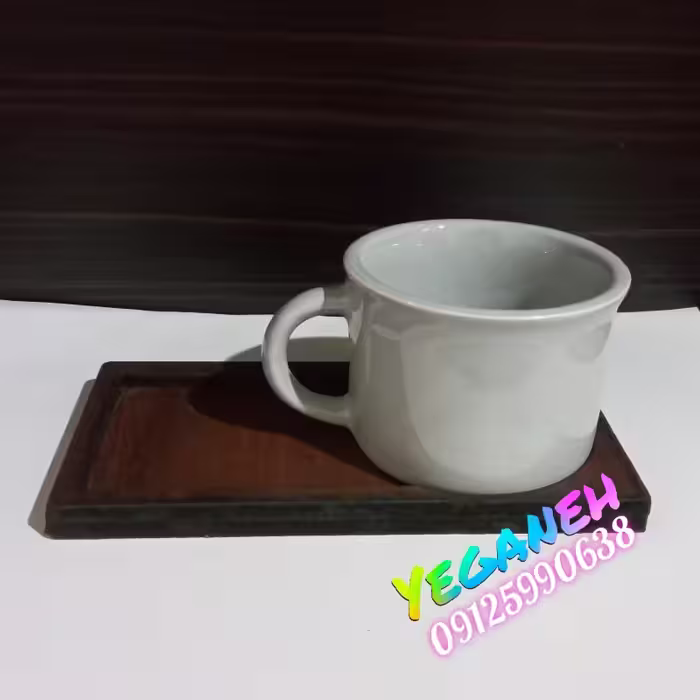شات قهوه خوری فنجان چای خوری نیم ماگ سرامیکی با زیر فنجانی چوبی (طوسی)