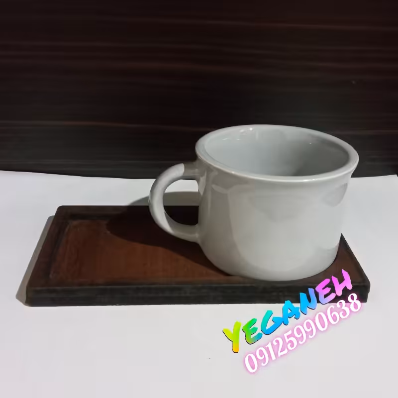 شات قهوه خوری فنجان چای خوری نیم ماگ سرامیکی با زیر فنجانی چوبی (طوسی)