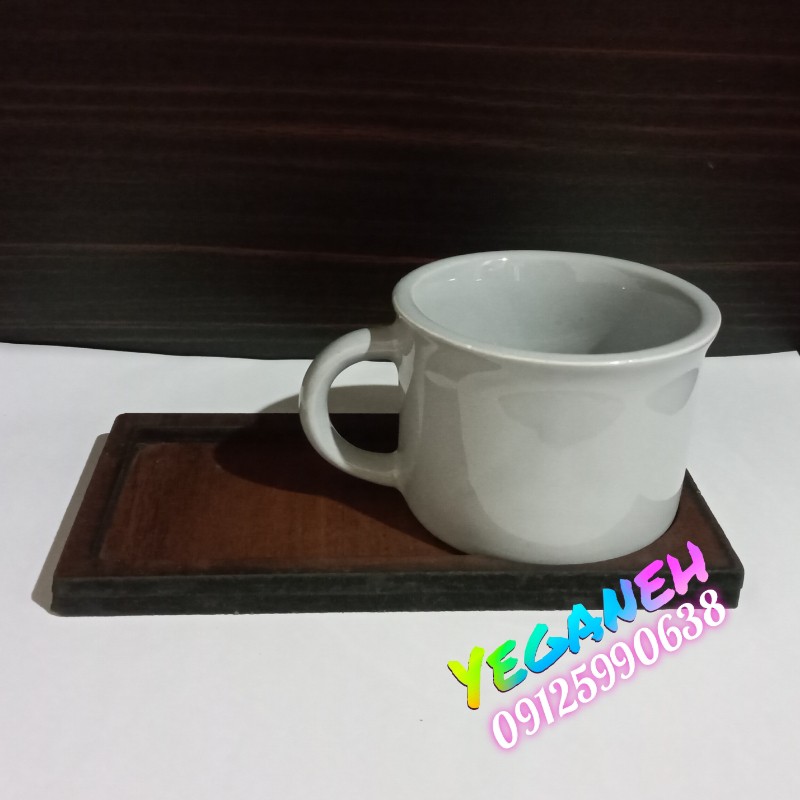 شات قهوه خوری فنجان چای خوری نیم ماگ سرامیکی با زیر فنجانی چوبی (طوسی)