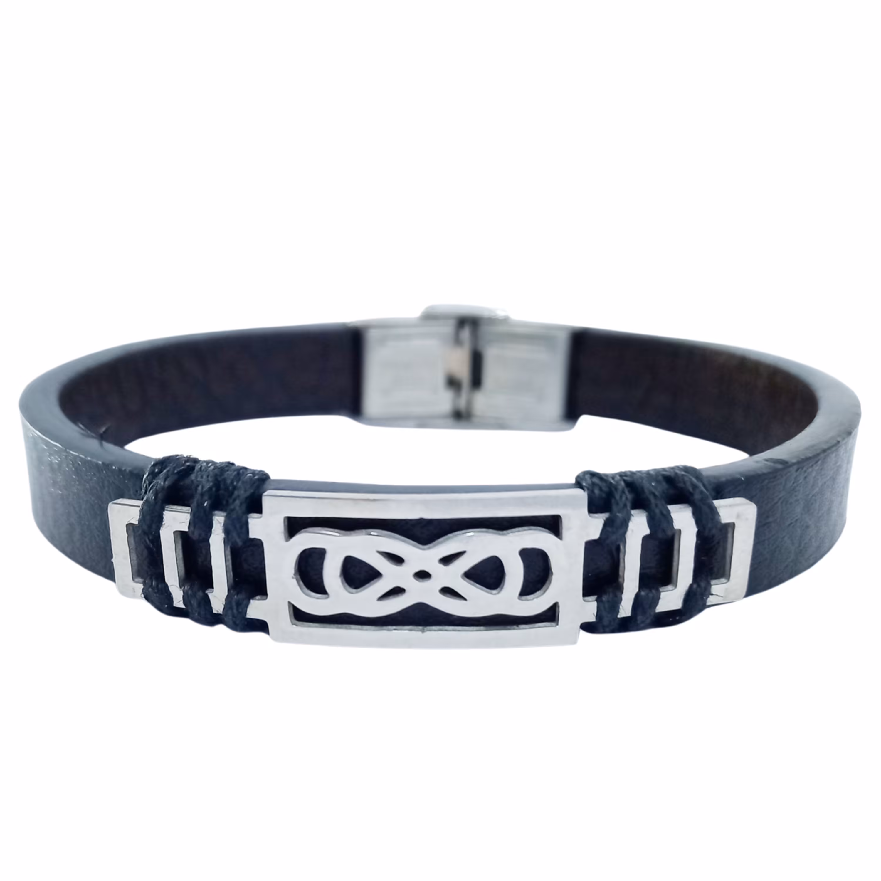 دستبند اسپرت چرمی با پلاک استیل نقره ای طرح بی نهایت