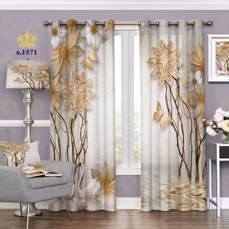 پرده پذیرایی دو قواره پانچ آماده پانچ طرح قو و گل فانتزی کد 1571