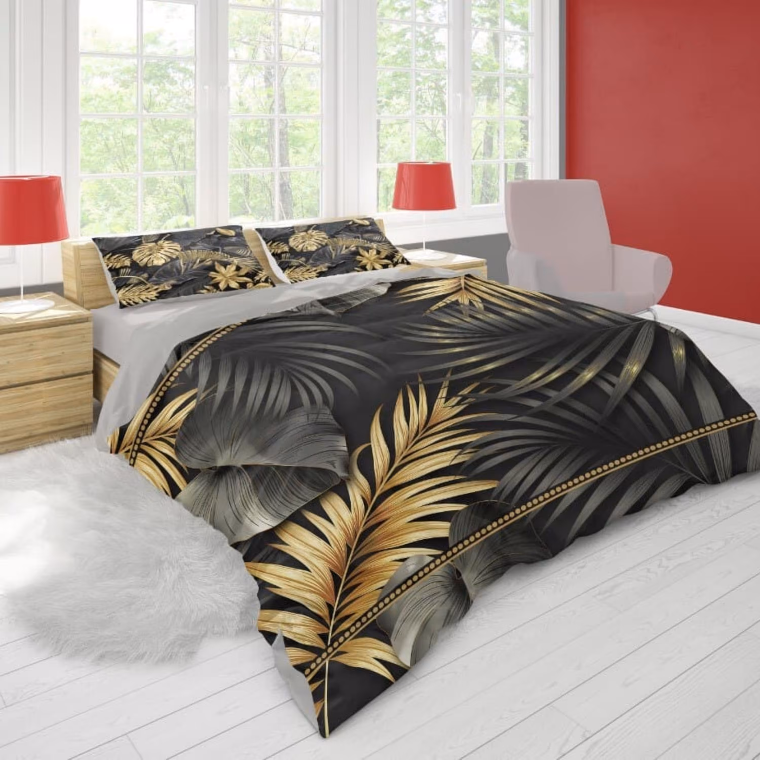 روتختی دو نفره3 بعدی ترکیه ای طرح برگ زمینه مشکی طلایی شرکت گوزل ترکیه