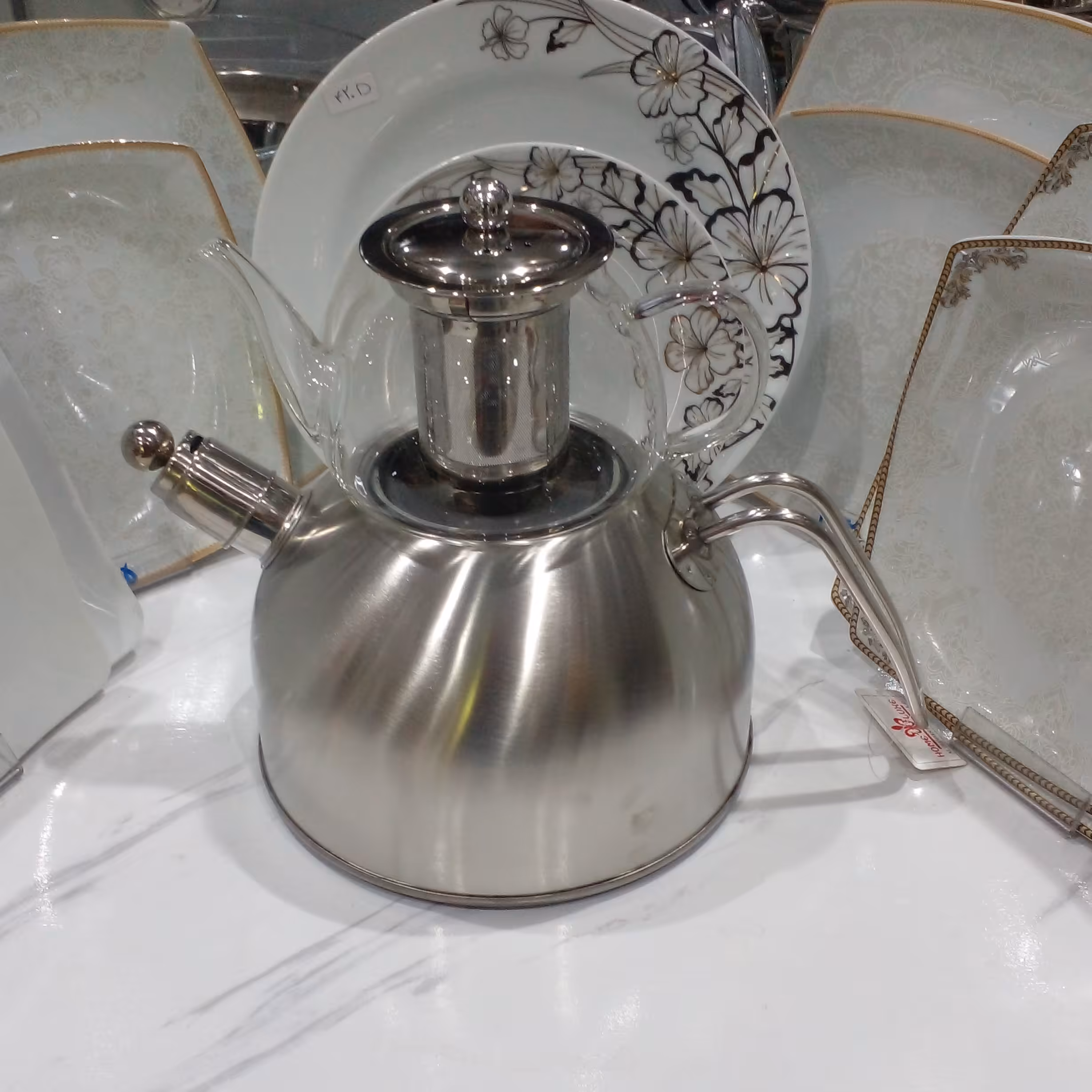 کتری قوری صوتی طرح سنگ کف چدن استیل محکم قوری قوری پیرکس دسته استیل رنگ سابت 