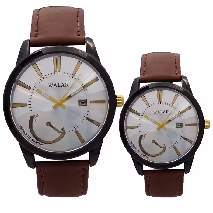 ست ساعت بندچرمی والار WALAR جفتی زنانه و مردانه ارسال رایگان ضدآب قهوه ای کادو خاص حراج ساعت فروش ویژه تاریخ شمار 