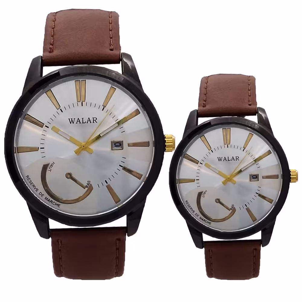 ست ساعت بندچرمی والار WALAR جفتی زنانه و مردانه ارسال رایگان ضدآب قهوه ای کادو خاص حراج ساعت فروش ویژه تاریخ شمار 