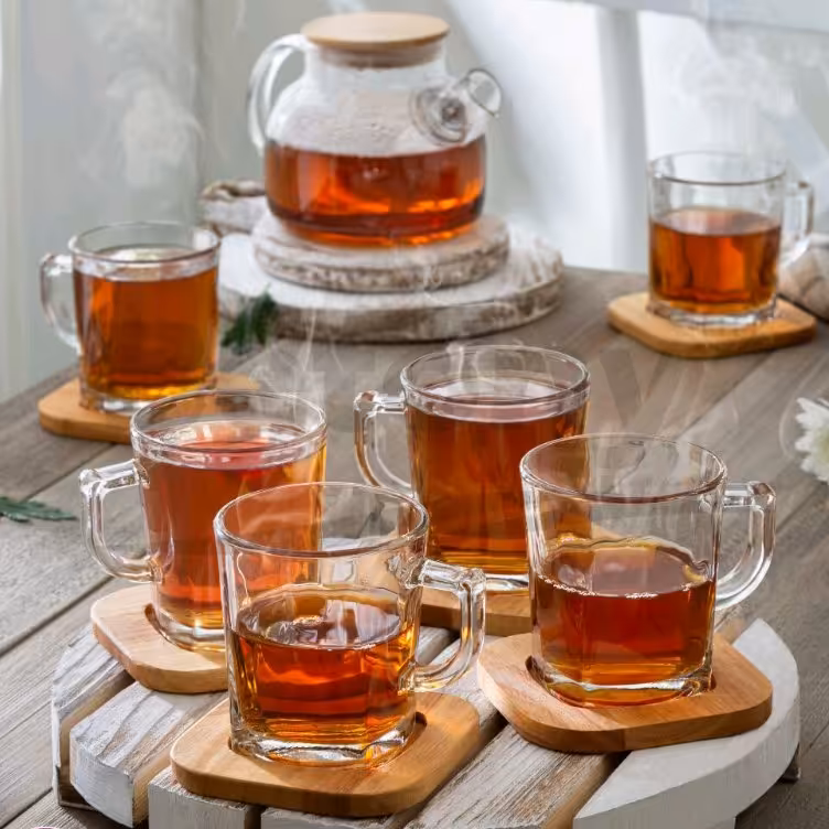 استکان چای خوری مربع زیره چوبی 6 عدد