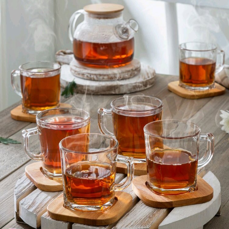 استکان چای خوری مربع زیره چوبی 6 عدد