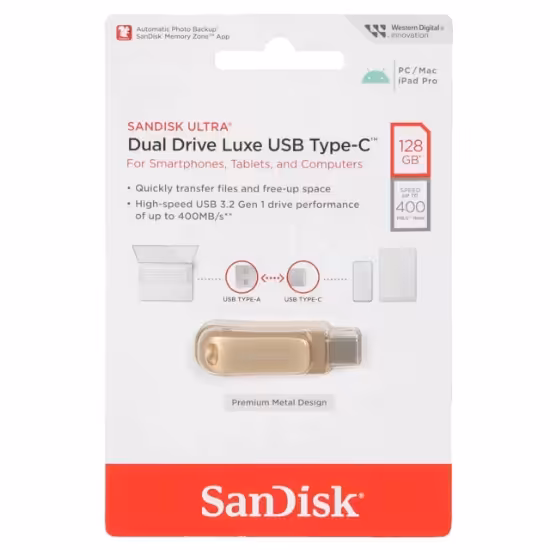 فلش مموری سن دیسک مدل Ultra Dual Drive Luxe USB Type-C USB3.2 ظرفیت 128 گیگابایت