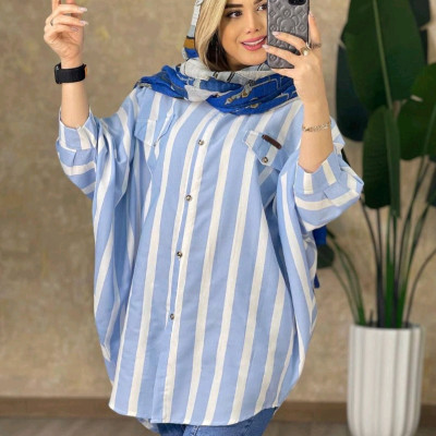 پانچو زنانه لنین پنبه مدل راه راه