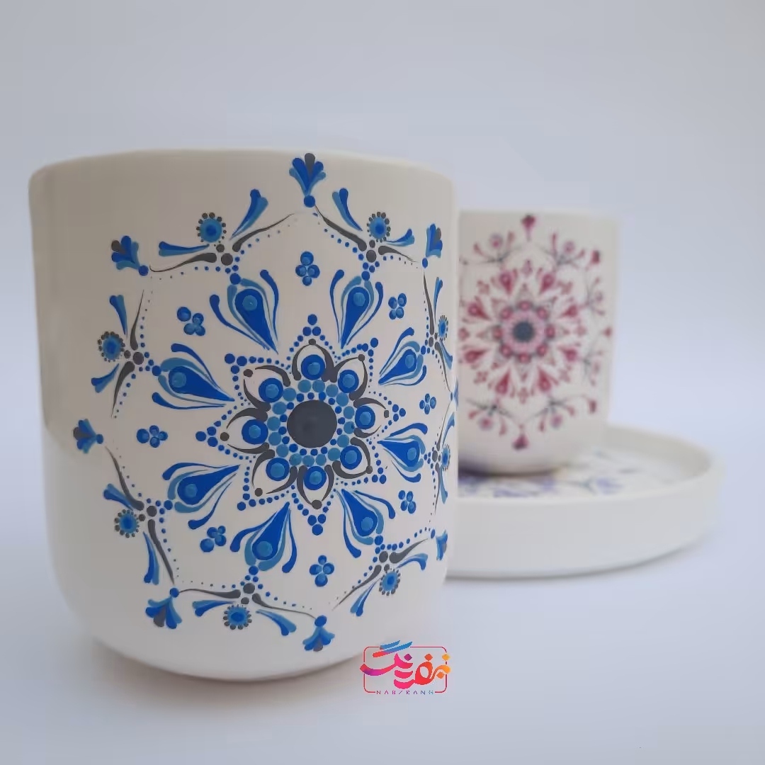 لیوان و سینی سرامیکی نقطه کوبی شده زیبا 