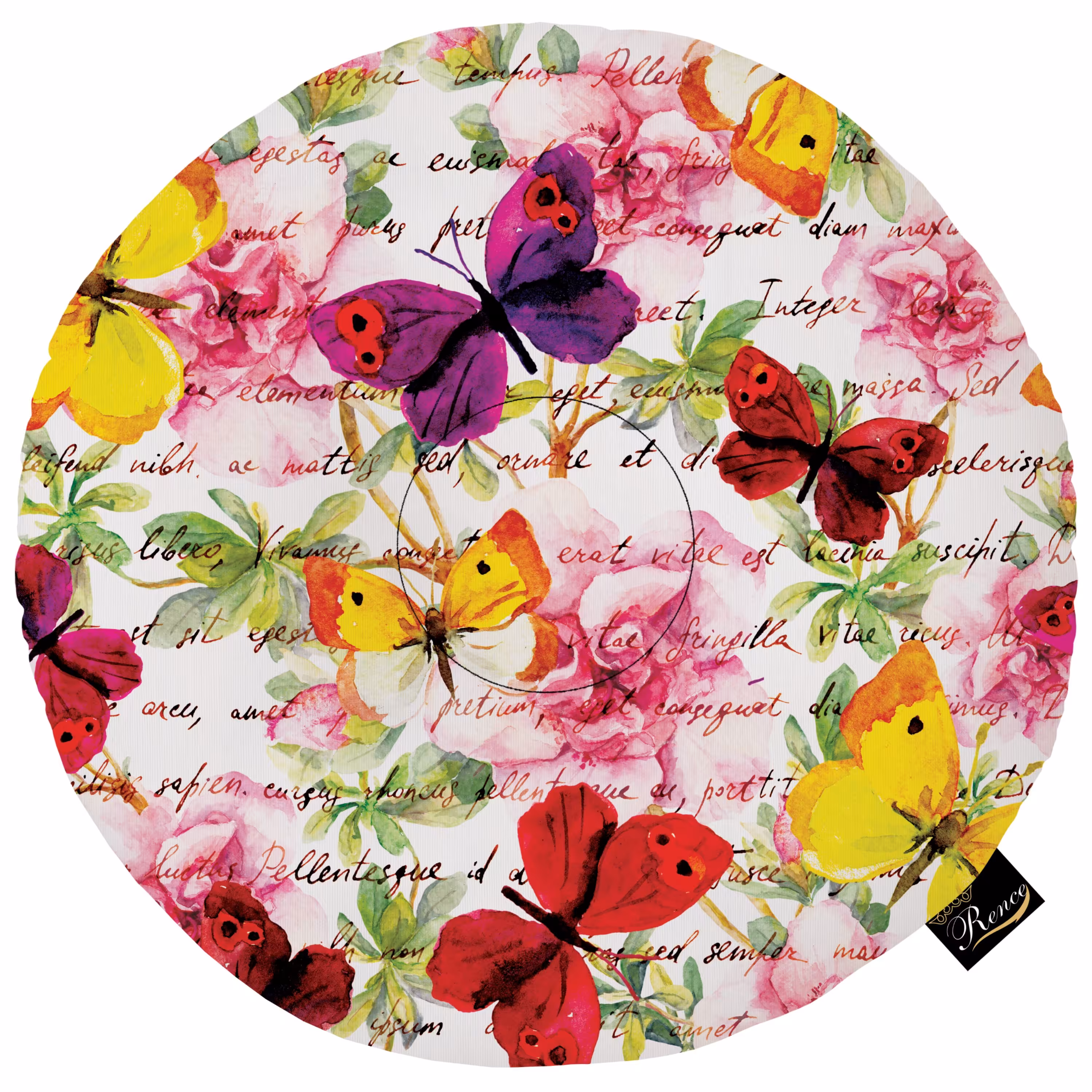 بالش و تشک صندلی گرد پارچه مخمل دو رو چاپ طرح پروانه سایز 38 در 38 مدل M2-10 شرکت رنس