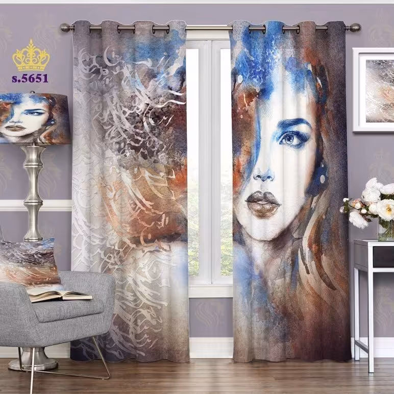 پرده پذیرایی دو قواره پانچ چهره طرح خطاطی کد S5651