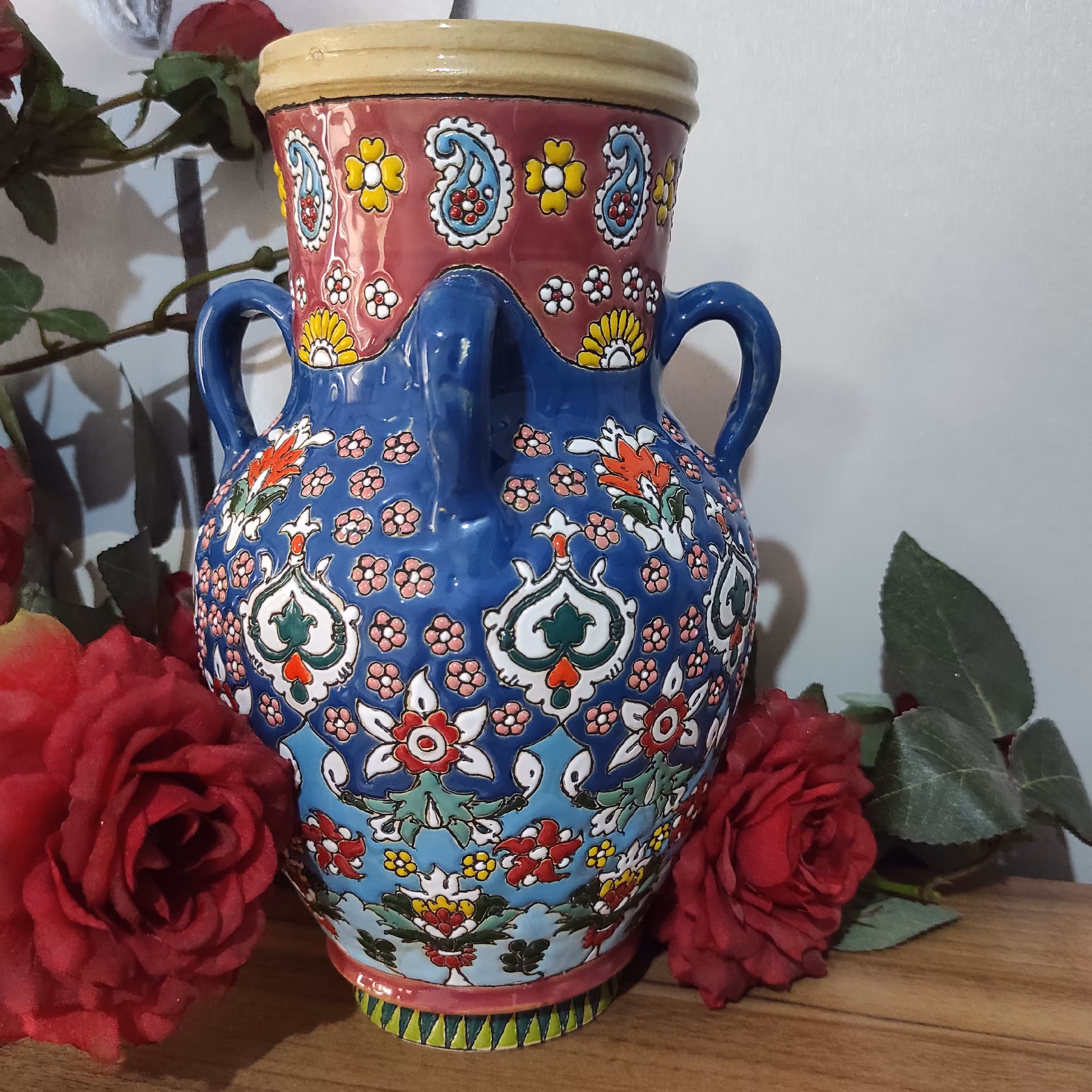 گلدان یا کوزه چهار قفله سفالی میناکاری