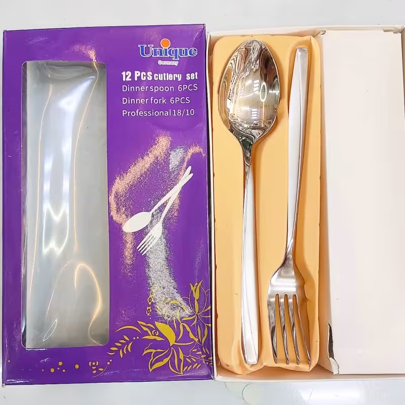 قاشق چنگال جعبه ای یونیک شامل 12 عدد که 6 عدد قاشق و 6 عدد چنگال داخل جعبه می باشد استیل اصل در لوازم خانگی کاج 