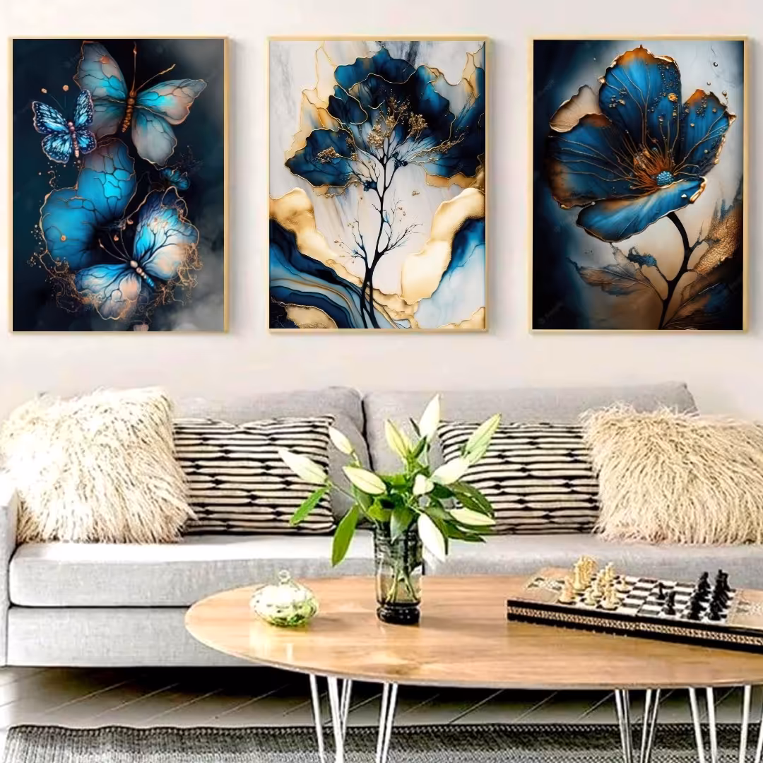 تابلو دکوراتیو  گل وپروانه آبی سه تکه 