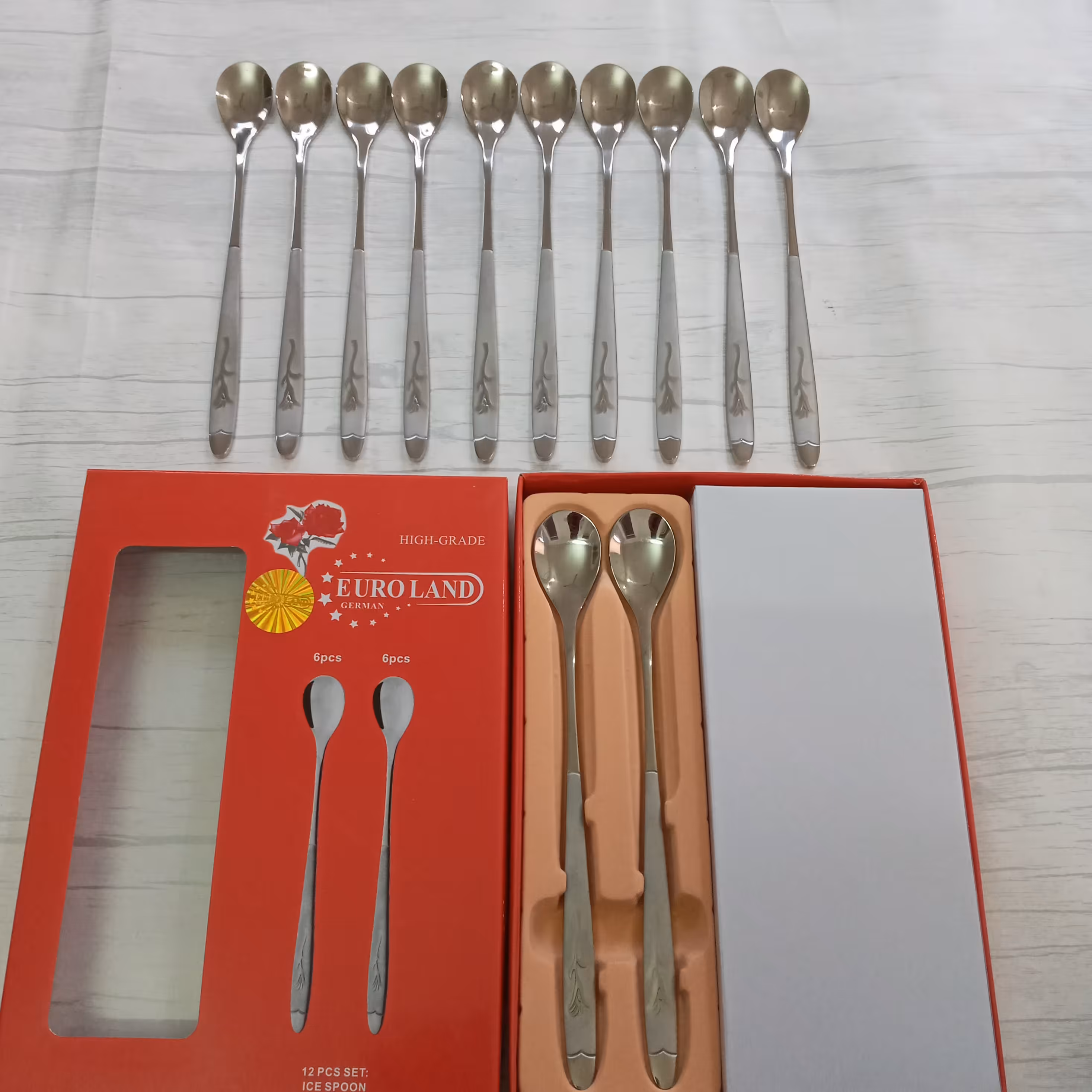 قاشق شربت خوری طرح گل میخک آلمانی بسته 12تایی جنس استیل اصل آلمان GermanyمارکEURO LAND  ضخامت 3 میل و طول 18سانت