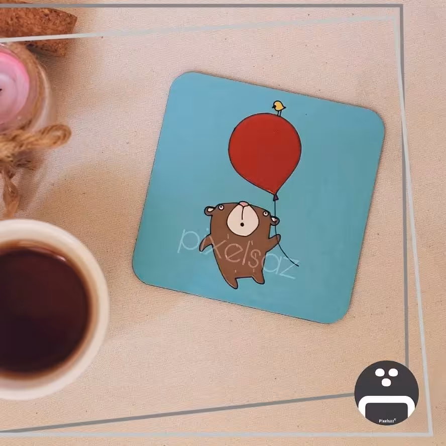 زیرلیوانی طرح خرس وبادکنک پیکسل ساز/جنس چوب و نقاشی شده/ضدآب/سایز9×9