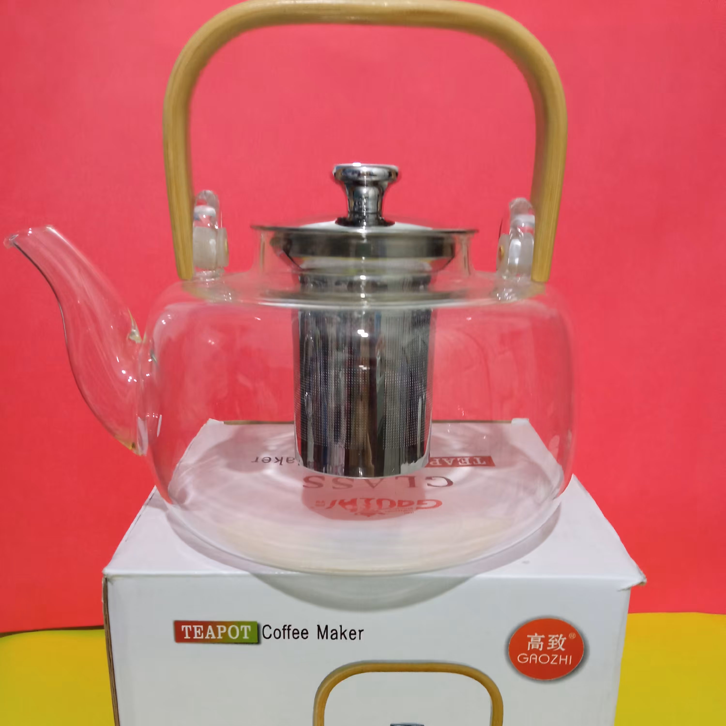 قوری  پیرکس شعله مستقیم  با درب استیل و با دسته چوب بامبو ابعاد 1200میل