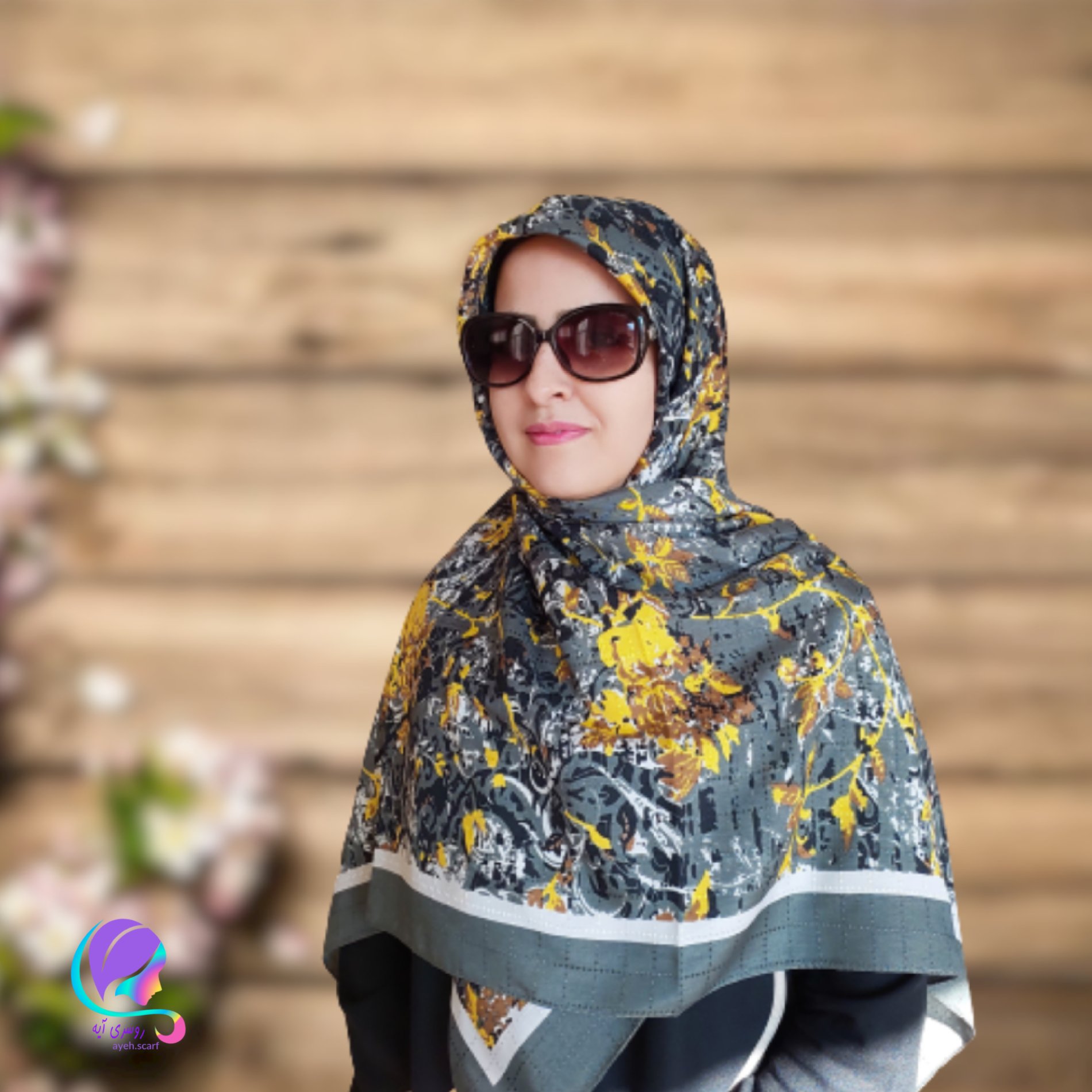 روسری نخی گلدار زرد طوسی