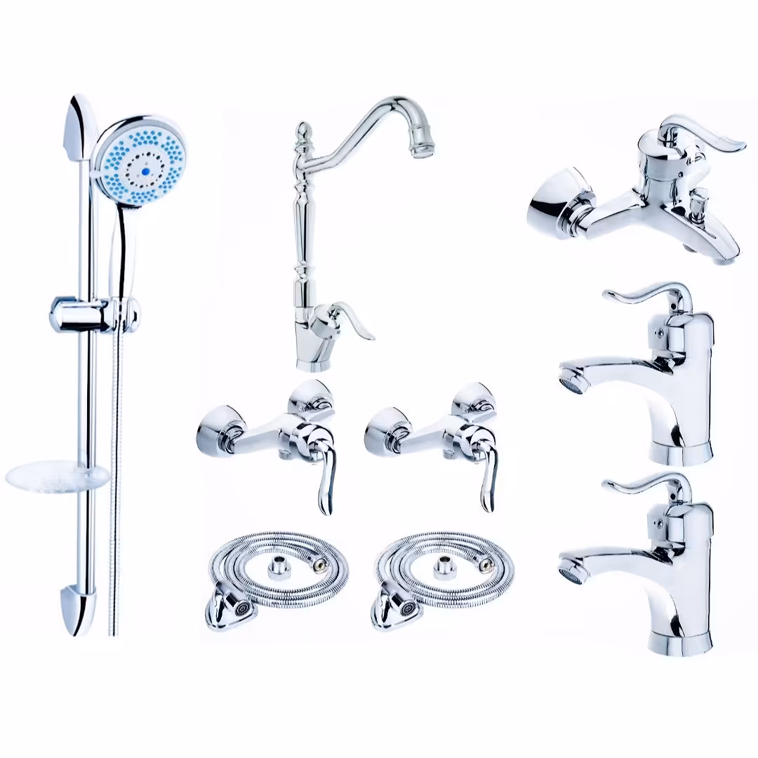 ست شیرآلات رز مدل بیزانس نایت مجموعه 9 عددی کروم به همراه علم دوش حمام و شلنگ سرویس بهداشتی 