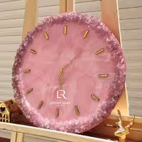 ساعت دیواری رزین ساعت صورتی کریستال ژئود موتور ساعت آرام گرد عقربه طلایی