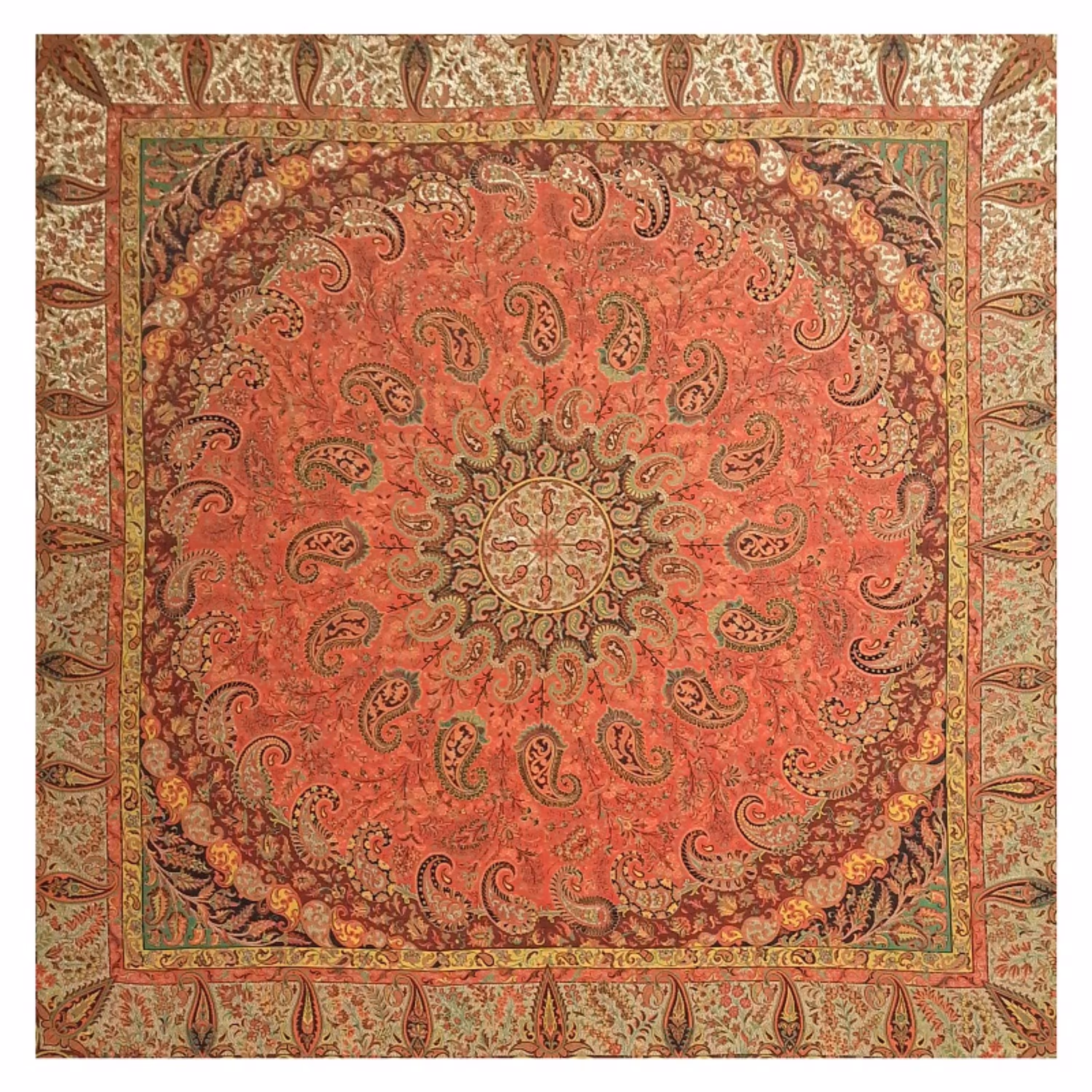 رومیزی ترمه مربع ابریشم  کد TRM76 تار سفید  رنگ قرمز روشن  آستر کرم