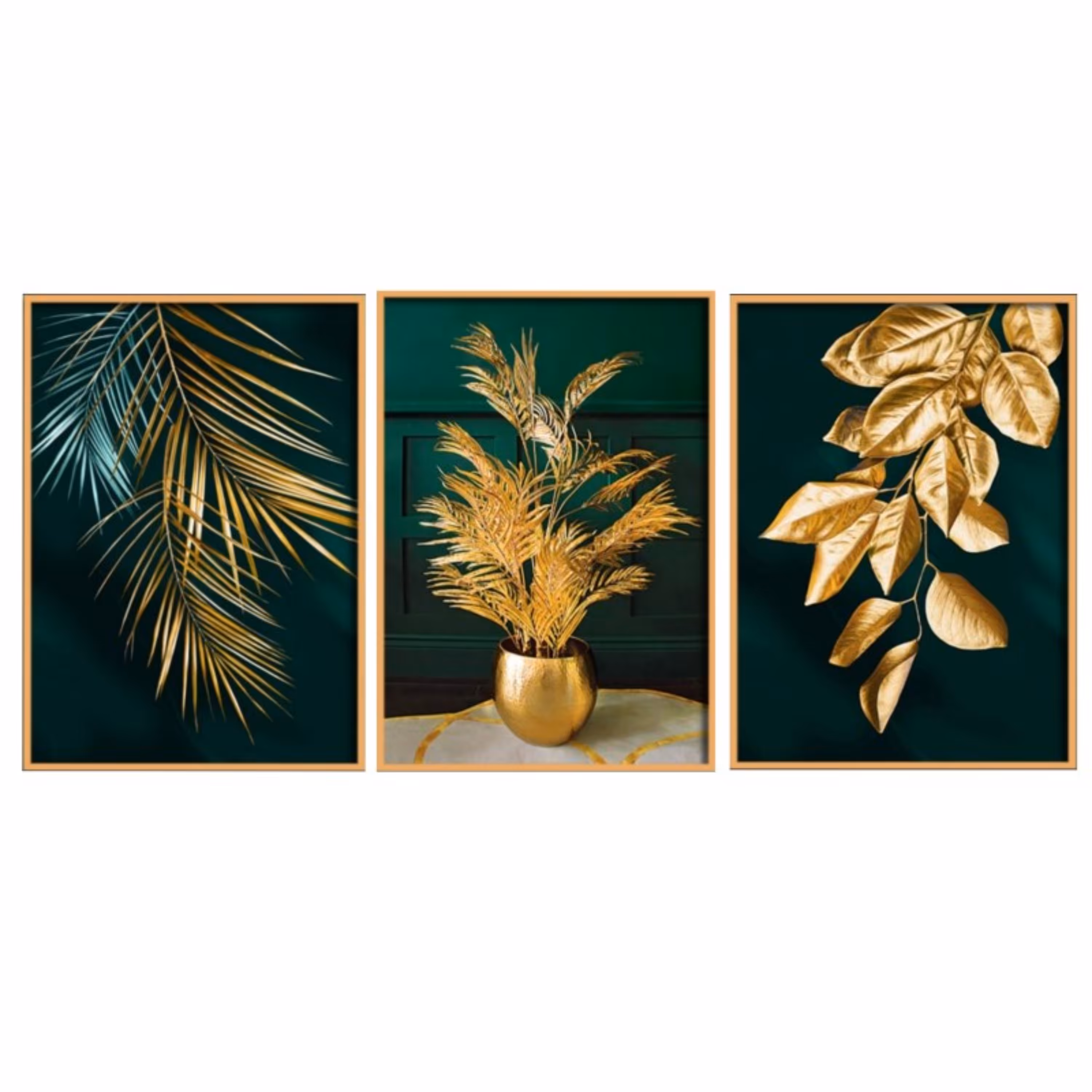 تابلو دکوراتیو طلایی وسبز گلدان و گلبرگ 3تکه  سایز هر تیکه 40 در 60